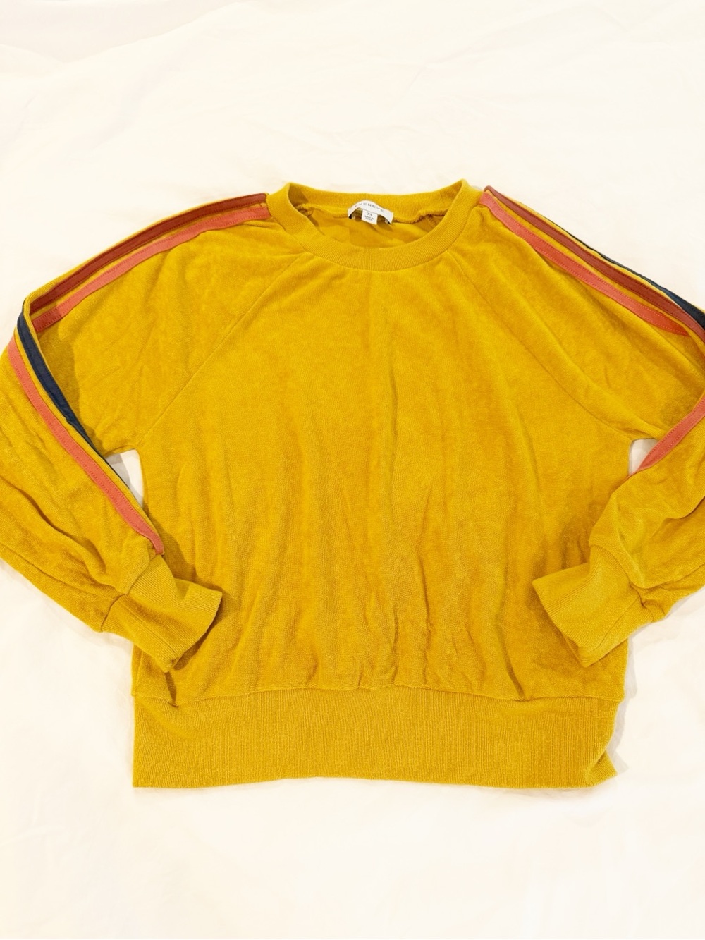 Evereve Loren Beach Mustard Yellow Crewneck Sweatshirt with Sleeve Stripes